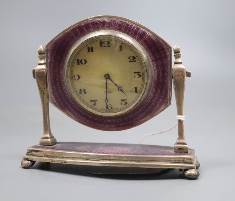 A George V silver and guilloche enamel desk timepiece, Birmingham, 1926, height 97mm.